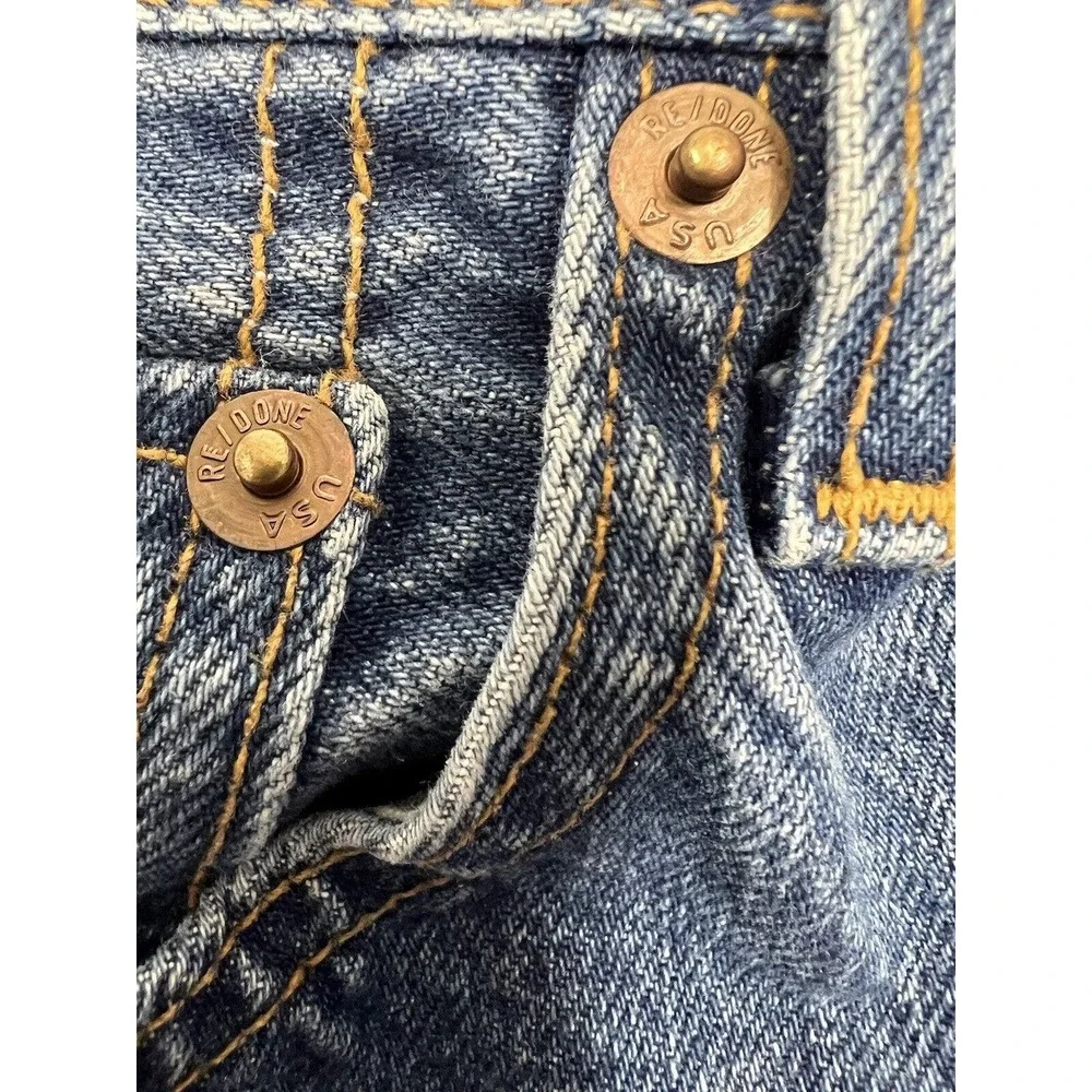 REDONE Originals High Rise Stove Pipe Cotton Button-Fly Raw Hem Blue Jeans 30‎